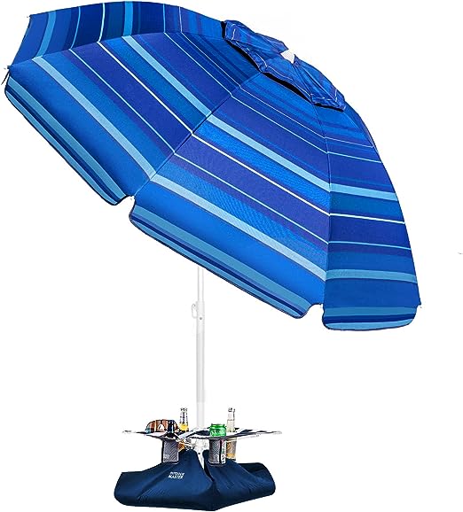 OutdoorMaster Beach Umbrella with Sand Bag - 6.5ft Beach Umbrella with Sand Anchor, UPF 50  PU Coating with Carry Bag for Patio and Outdoor (New Version-Dark Blue Striped with Cup Holder)