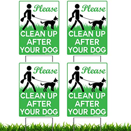 Vibe Ink 4 Pack of 9 x 12" Please Clean Up After Your Dog - No Pooping Dog Lawn Signs with 4X Metal Wire H-Stakes Stands included