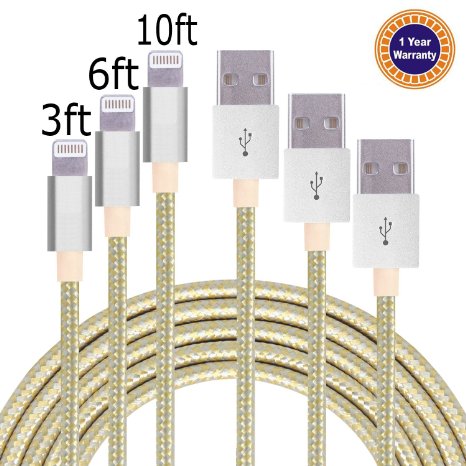 Jricoo 3pcs 3FT 6FT 10FT Lightning Cable Popular Nylon Braided Charing Cable Extra Long USB Cord for iphone 6s, SE, 6s plus, 6plus, 6,5s 5c 5,iPad Mini, Air,iPad5,iPod on iOS9.(silver gold).