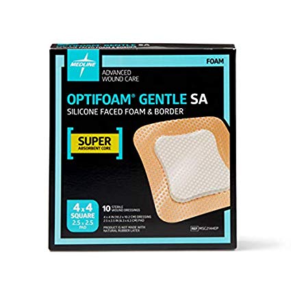 Medline Optifoam Gentle Silicone Faced Foam Dressing, Super Absorbent, 4"x4" (Pack of 10)