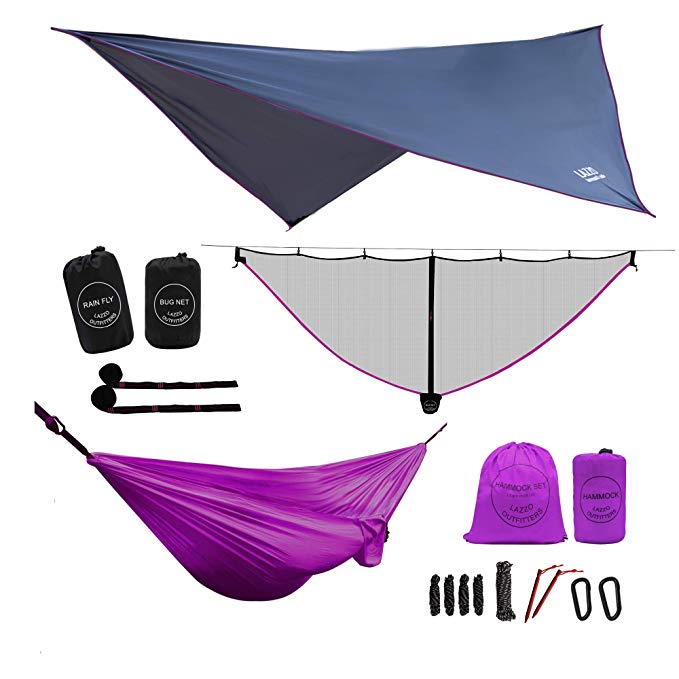 LAZZO Camping Hammock | Bundle Includes Mosquito Net, Rain Fly, Tree Straps, Backpack | Weighs 4 Pounds, Perfect for Hammock Camping,Backpacking，Hiking | Lightweight Nylon Single & Double Hammock