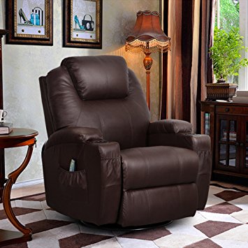 360 Degree Swivel Massage Recliner Leather Sofa Chair Ergonomic Lounge Swivel Heated with Control - Brown