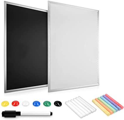 Navaris Double-Sided Chalkboard Whiteboard - 60 x 40 cm Blackboard Magnetic Memo Notice White Board - Includes Chalk and Magnets - Metal Frame