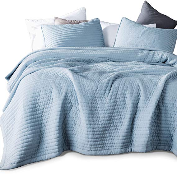 KASENTEX Quilt-Bedding-Coverlet-Blanket-Set, Machine Washable, Ultra Soft, Lightweight, Stone-Washed, Detailed Stitching - Hypoallergenic - Solid Color (Blue, Oversized King   2 King Shams)