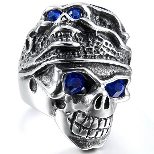 INBLUE Men's Large Stainless Steel Ring Band Silver Tone Blue Skull Tribal