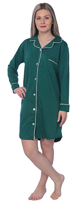 Beverly Rock Women's Soft Jersey Knit Cotton Blend Button Down Sleepshirt Pajama Top with Piping Finish