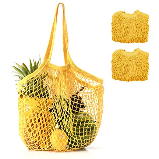 Coofig 2 PCS Eco-Friendly Cotton Net Shopping Bag Reusable Mesh Tote Handbag with Long Handles Portable String Bag Organizer for Shopping/Outdoor Packing/Beach Toys/Fruit/Vegetable(Yellow L)