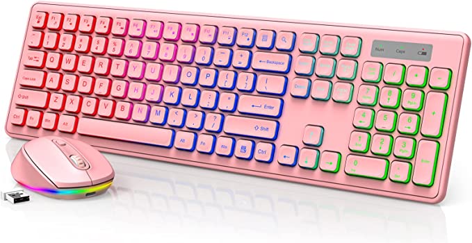 Wireless Keyboard and Mouse with RGB Backlit, Foldable Legs - Silent and Rechargeable - Full Size Light Up Wireless Keyboard Mouse Combo for Laptop, PC, Chromebook - by SABLUTE, Pink