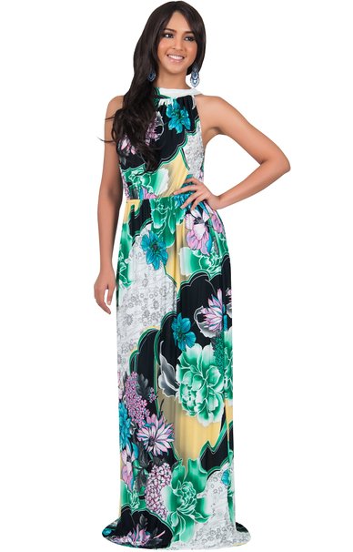 KOH KOH Women's Sleeveless Halter Neck Floral Print Maxi Dress