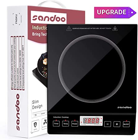 Sandoo HA1897 Induction Cooktop, 1800W Portable Electric Burner Stove, Safety Single Burner Countertop, Timer and 15 Temperature & Power Setting, Suitable for Cast Iron, Stainless Steel Cookware
