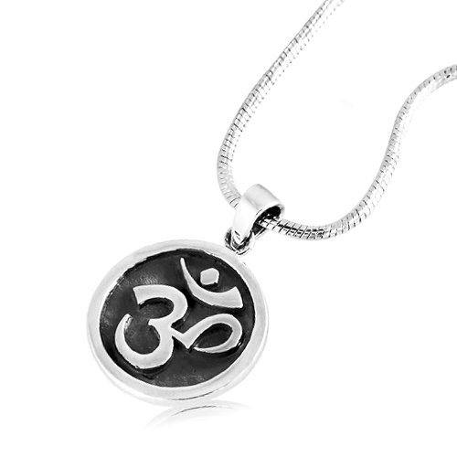 925 Sterling Silver Om Ohm Hindu Yoga Symbol Medallion Pendant on Alloy Necklace Chain, 18 inches