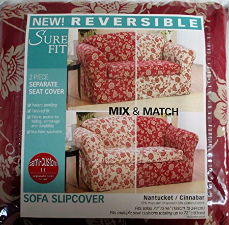 Sure Fit Reversible Sofa Couch 74-96 inches wide Slipcover Nantucket Cinnabar Floral 2 piece