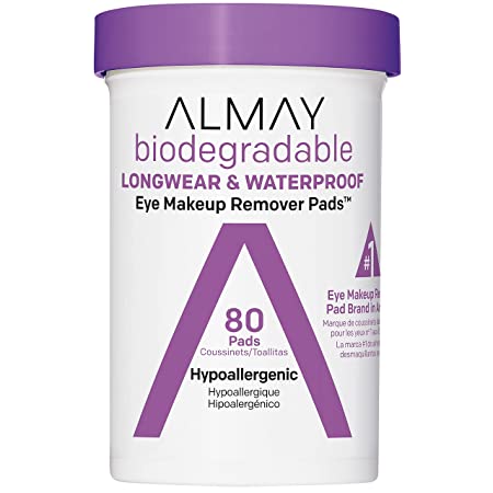 Almay Biodegradable Longwear & Waterproof Eye Makeup Remover Pads, Hypoallergenic, Cruelty Free, Fragrance Free Cleansing Wipes, 80 count, white (7255349000)