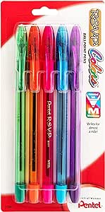 Pentel R.S.V.P. Colors Ballpoint Pen, Medium, Assorted Ink, Pack of 5 (BK91CRBP5M)