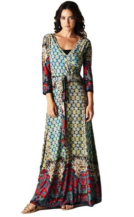 Tua USA 3/4 Sleeve Exotic Bohemian Print Stretch Knit Wrap Maxi Dress