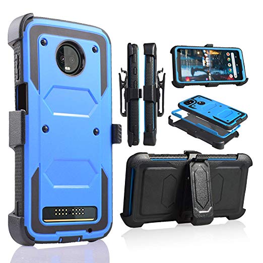 Moto Z3 Play Case, Moto Z3 Case, Heavy Duty Armor Shockproof Protection Case Cover with Belt Swivel Clip Kickstand Motorola Moto Z3 Play (Blue)