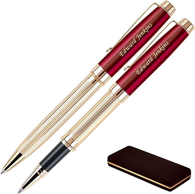 Personalized Braxton Ballpoint and Rollerball Pen Set - Red. Real 18krt Gold Plated Gift Set for a Man or Women, Custom Engraving is Included. Comes in a Pen Case