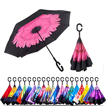 Original Deals Inverted Inside Out Umbrella | Double Layer Inverted UV Protection Unique Windproof Umbrella | Reverse Open Folding Umbrellas with C Hook for Hanging on Points (Pink Flower)