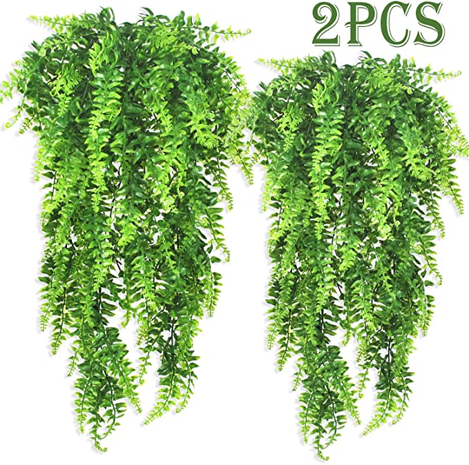 Ollain Artificial Boston Fern Vines Ferns Persian Rattan Greenery Fake Plants Faux Plant Vine Outdoor UV Resistant for Wall Indoor Hanging Garland Backdrop Arch Wall Decor (2Pcs Boston Fern Vines)