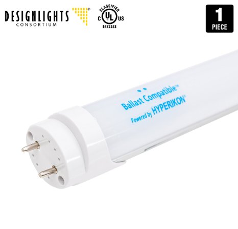 Hyperikon T8/T10/T12, 4ft LED Light Tube, Dual-End Powered, Ballast Removal Required, 18W (40W equivalent), 2200 Lumens, 3000K (Soft White Glow), Frosted Cover, DLC-qualified