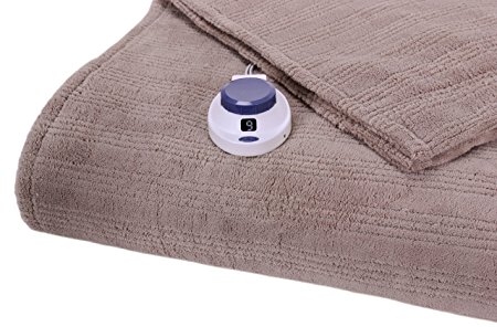 Serta Luxurious Low-Voltage Electric Heated Micro-Plush Triple-Rib Twin Blanket, Khaki