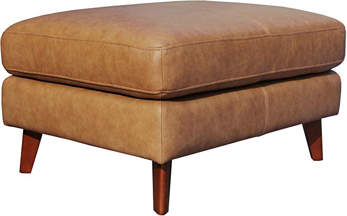 Rivet Sloane Modern Leather Ottoman with Tapered Legs, 31.9"W, Caramel