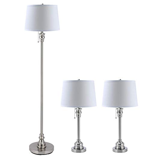 CO-Z 3 Lamp Set with White Fabric Shade, Modern Table lamp and Floor Lamp for Living Room Bedroom in Steel Finish, ETL Certificate (26   26   58 Inches in Height).