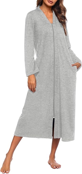 Ekouaer Women Zipper Robe Long Sleeve Loungewear Lightweight Housecoat Full Length Nightgown with Pockets