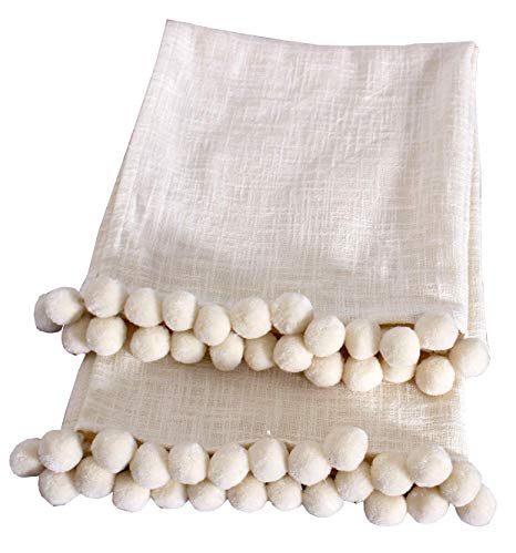 Christmas Decorative Cotton Slub Thick and Soft Throw 50x60 inch / 127x 150 cm for Living Room, Sofa, Couch, Outdoor Picnic beautiflluly embellished with same color Pom Pom in OFF WHITE Colour