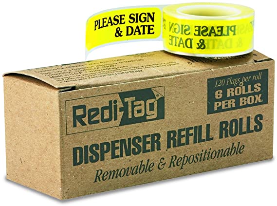 Redi-Tag 91032 Arrow Message Page Flag Refills, "Please Sign & Date", Yellow, 120 per Roll (Box of 6 Rolls)