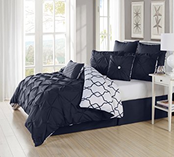 Ruthy's Textile 3 Piece Pintuck Printed Reversible Duvet Cover Set, Duvet Cover with 2 Pillow Shams- Luxurious, Comfortable, Breathable, Soft (Full/Queen, Navy)