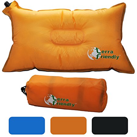 Terra Friendly Premium Inflatable Travel Pillow, Camping Pillow, Backpacking Pillow, Self Inflating Pillow for Car, Airplane, Beach. With Pillowcase (optional) Made in the USA.