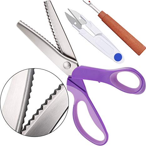 Jovitec Pinking Shears 9.2 inches Serrated Scissors Stainless Steel Handled with 1 Seam Ripper and 1 Scissors for Fabrics Dressmaking, Sewing and Arts and Crafts