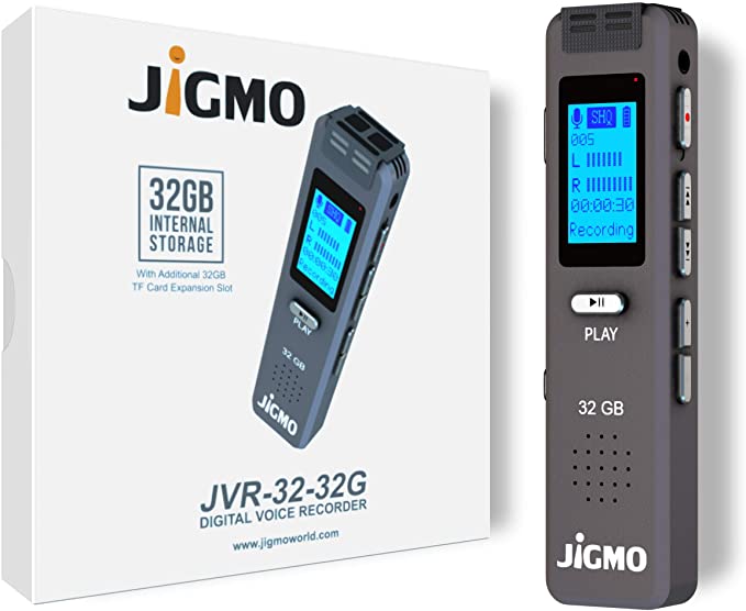 32GB Dictaphone Voice Recorder with 180 Hour Battery – Expandable to 64GB –USB Audio Recorder - MP3 Player – Recording Microphone for Lectures - JiGMO