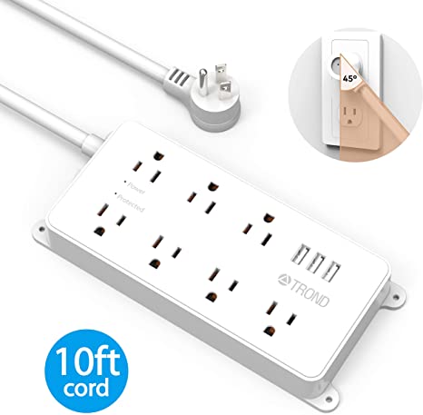 TROND Surge Protector Power Strip with 3 USB Ports, ETL Listed, 7 Widely-Spaced Outlets, 1700 Joules, Flat Plug, 10ft Long Extension Cord, Wall Mount, White