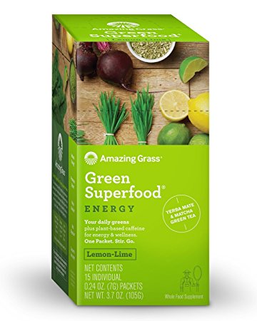 Amazing Grass Energy Green Superfood Organic Powder with Wheat Grass and Greens, Natural Caffeine with Yerba Mate and Matcha Green Tea, Flavor: Lemon Lime, Box of 15 Individual Servings