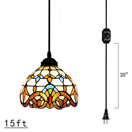 Kiven Plug-In Tiffany Chandelier Handmade Glass Pendant Lamp 15ft UL Black Cord With On/Off Dimmer Switch Bulb Not Included (TB0204)