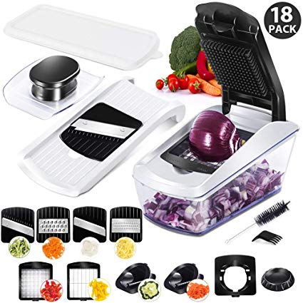 Vegetable Chopper Mandoline Slicer with Glass Container and 8 Different Stainless Steel Built-in Blades Spiralizer Vegetable Cutter Grater Julienne for Preparing Salad