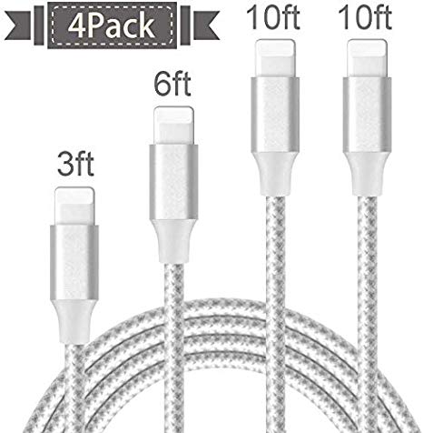 iPhone Charger, Mfi Certified Lightning Cables 4Pack 3Ft 6Ft 2x10Ft to USB Syncing Data and Nylon Braided Cord Charger for iPhone XS/Max/XR/X/8/8Plus/7/7Plus/6S/Plus/SE/iPad and More