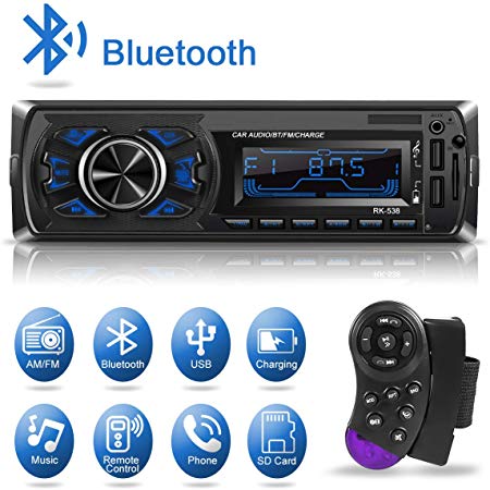 Kakanuo Car Radio Audio with 2 USB/TF/MMC/MP3 Player Receiver, Bluetooth Hands-free with Remote Control, 7 Color Light, Single Din