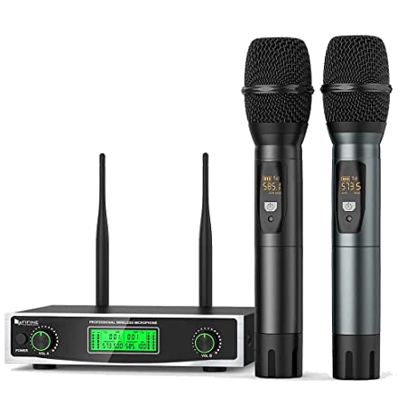 FIFINE K040 Wireless Microphone System, Two Handheld Dynamic Cordless Mic and Dual Channel Receiver, 50 Selectable UHF Frequency for Karaoke Singing Party,DJ,Wedding,School Presentation.