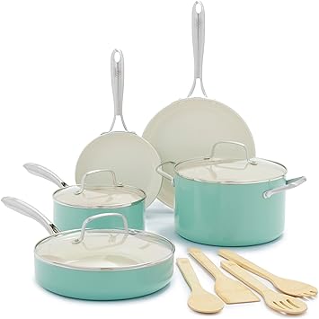 GreenLife Artizan Healthy Ceramic Non-Stick 12-Piece Cookware Pots and Pan Set, Stainless Steel Handle, PFAS-Free, Induction, Oven Safe, Turquoise
