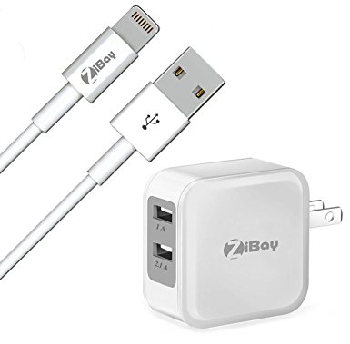 ZiBay iPhone 7 Lightning Cable (5 Feet), Plus a 3.1A 5W Dual USB Travel Wall Charger with a Foldable Plug for iPhone 7, iPhone 6/6s, iPhones 5/5s, iPad Minis, iPad Airs, iPod Touch, iPods (White)