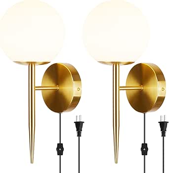 Mid-Century Wall Sconce Plug in, Gold Sconces Wall Decor Set of 2, Corded Sconce with Globe Glass Shade, Modern Wall Lamp for Bedroom Bathroom Vanity Living Room Bedside Stairs