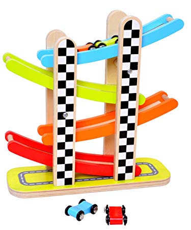 Pidoko Kids Car Racer Track Playset - 4 Levels Zig Zag Gliding Cars Racing Games - Wooden Mega Ramp Slider Ladder with 4 Mini Racers - Race Toys Gifts for Toddlers Boys and Girls 1 2 Year Old and up