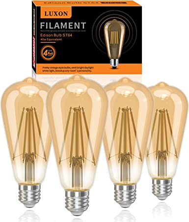 LUXON LED Edison Light Bulbs,Dimmable,4Watt(Equivalent 40W),4000K Daylight White (Amber Glass),ST64 Antique Vintage Style Filament Edison Bulbs,E26 Base,CRI 90 ,Pack of 4