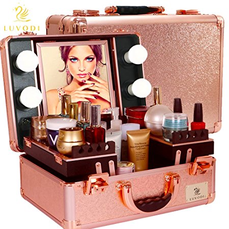 UNHO LED 4 Light Makeup Case with Lights and Tilt Mirror Makeup Case with 2 Trays Large Makeup Artist Organizer Kit Rose Gold