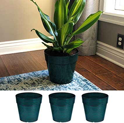 3-Pack 10-in. Round Striped Plastic Outdoor Garden Potted Planter Decorative Flower Pot, Teal