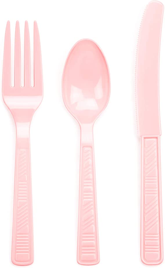 DecorRack 96 Piece Plastic Cutlery Set -BPA Free- Plastic Silverware Combo Utensils for Birthdays, Indoor, Outdoor Events, Parties, Pink (Set of 96)