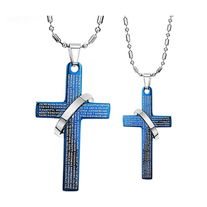 U2U Stainless Steel Pair of Blue Lord Prayer Cross Pendants Necklace with Chains
